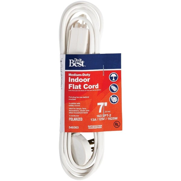 All-Source SPT-2 Extension Cord, 16 AWG, Indoor, 16/2, 3 Outlets, White, 7 ft INF-PT2162-7-WH - main